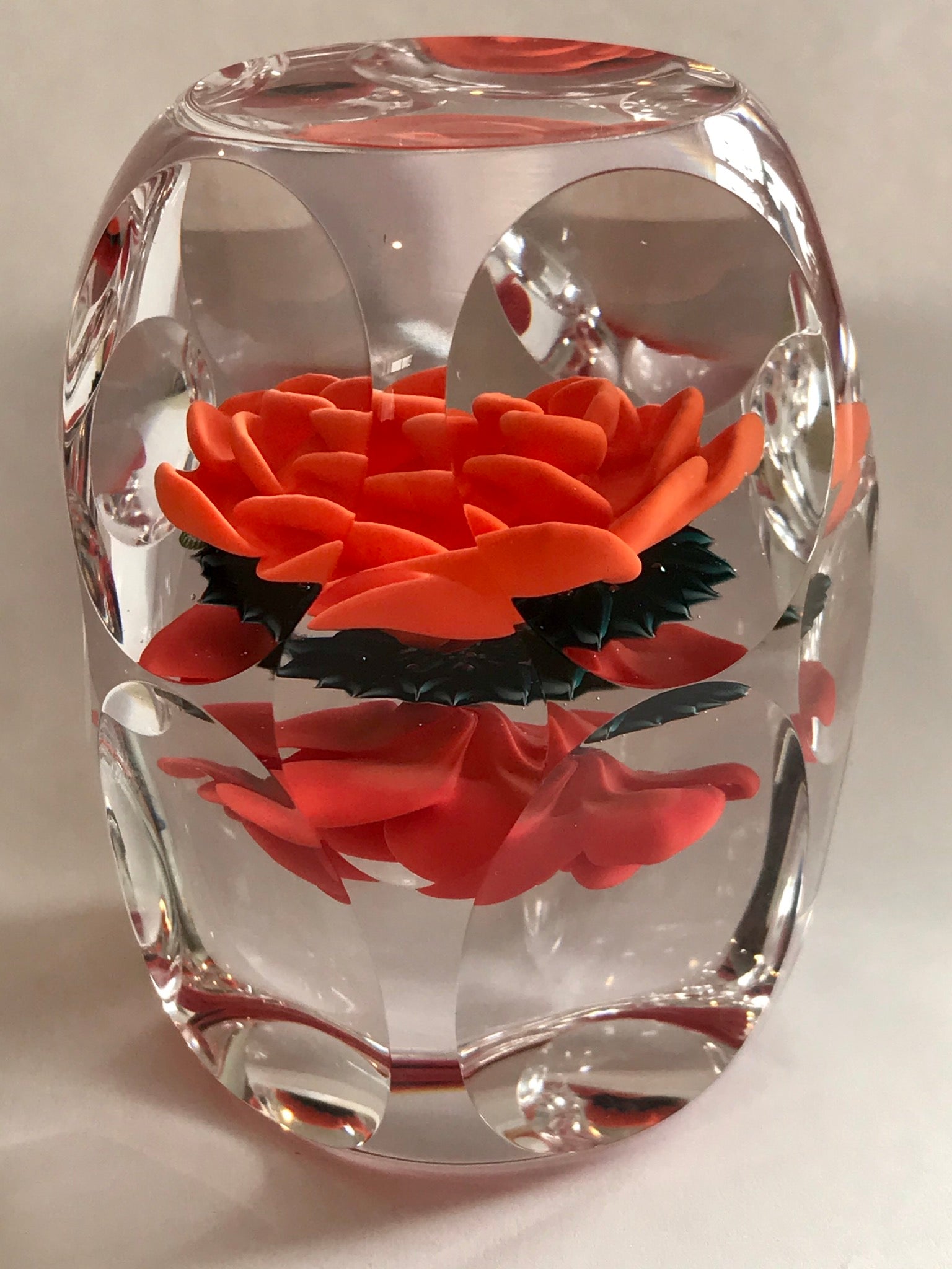 A Richard Loesel double crimp rose paperweight - Red and Orange