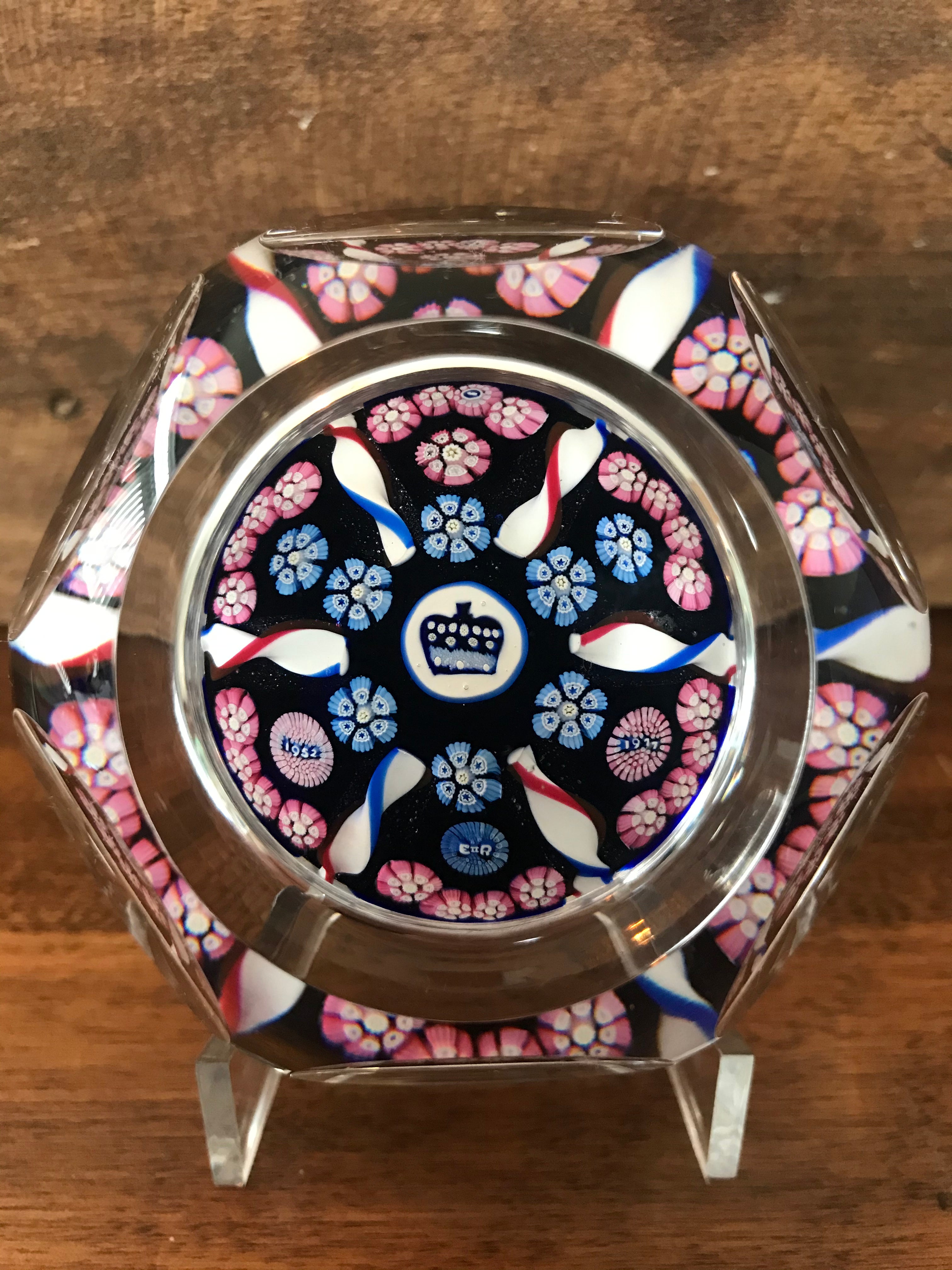 Whitefriars Paperweight Queen Elizabeth Silver Jubilee 1977 candy twist and ribbons