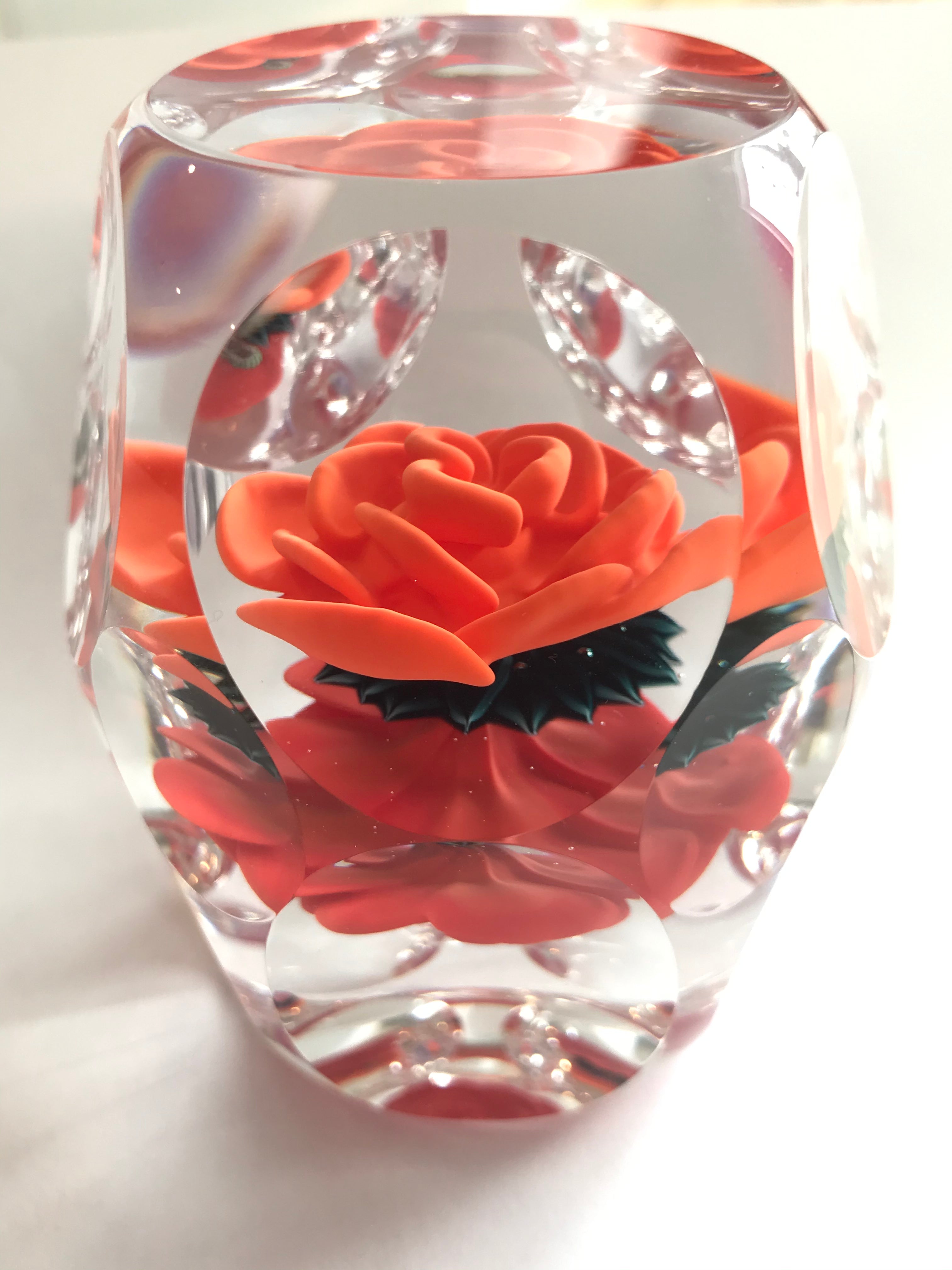 A Richard Loesel double crimp rose paperweight - Red and Orange